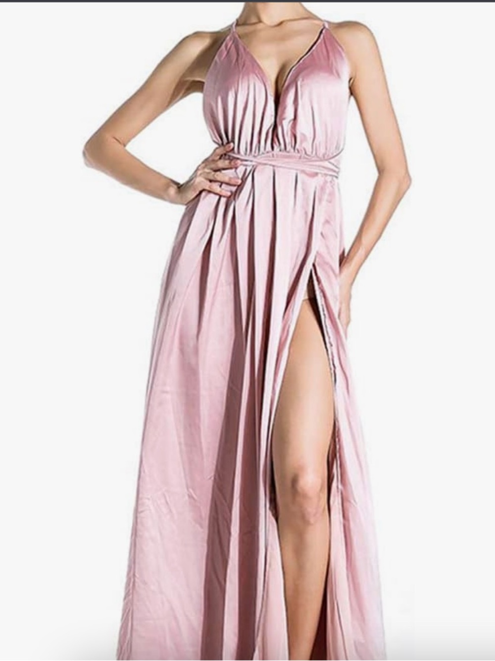 Elegant Blush Pink Satin Maxi Dress with Deep V and High Slit